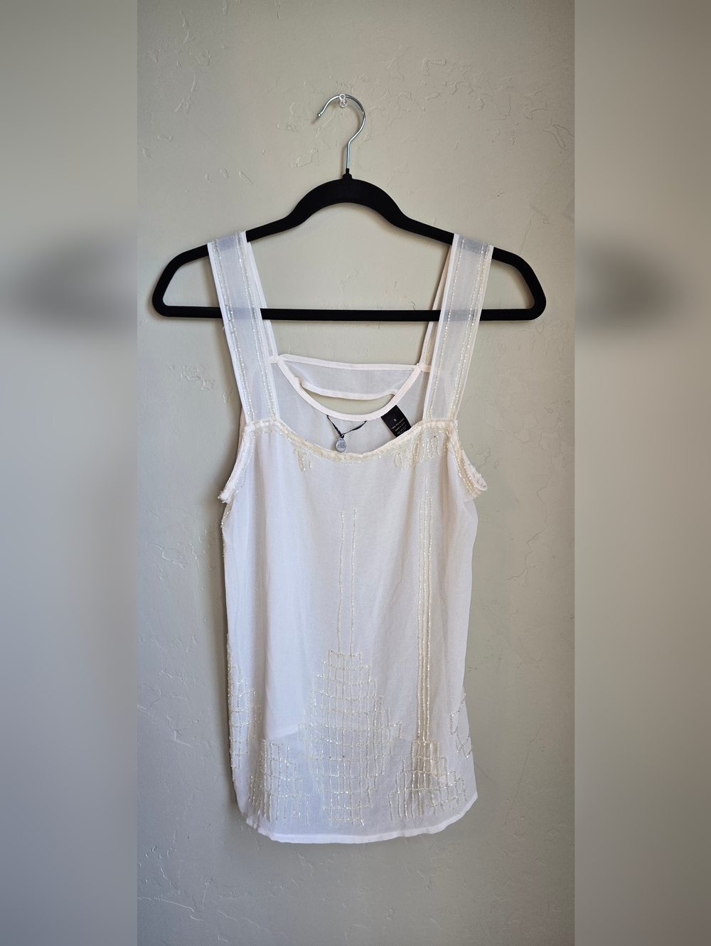 BKE cream Sheer Beaded Tank Top Boho Embroidered Lightweight Blouse Size S